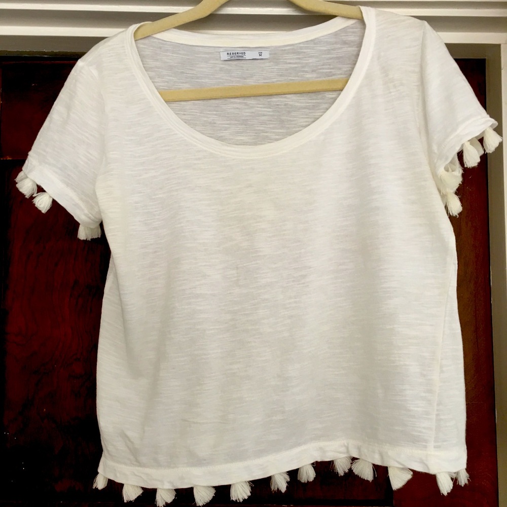 Tasseled cotton T-shirt in cream